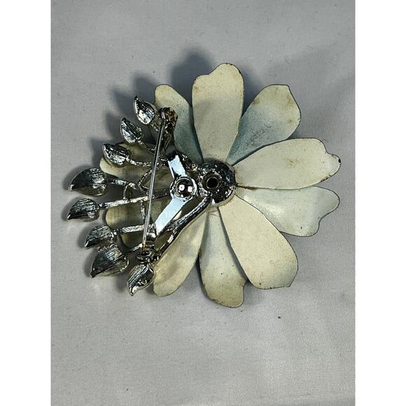 Vintage Coro Flower Brooch Teal Blue Enamel Rhinestone Leaves MCM Ornate RARE - Picture 7 of 16